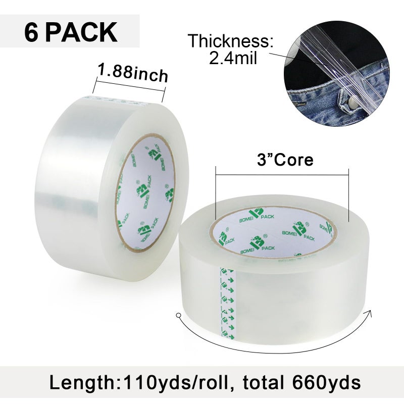BOMEI PACK Silent Packing Tape, 2.4Mil x 1.88â€ x 110yds, Heavy Duty Clear Packaging Tape for Moving Boxes, 6 Rolls - Image 3